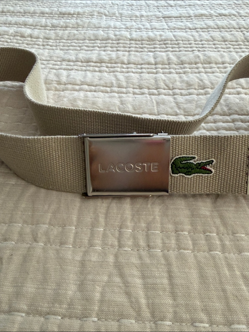 Lacoste Beige Canvas Belt with Metal Buckle and Green Croc Patch